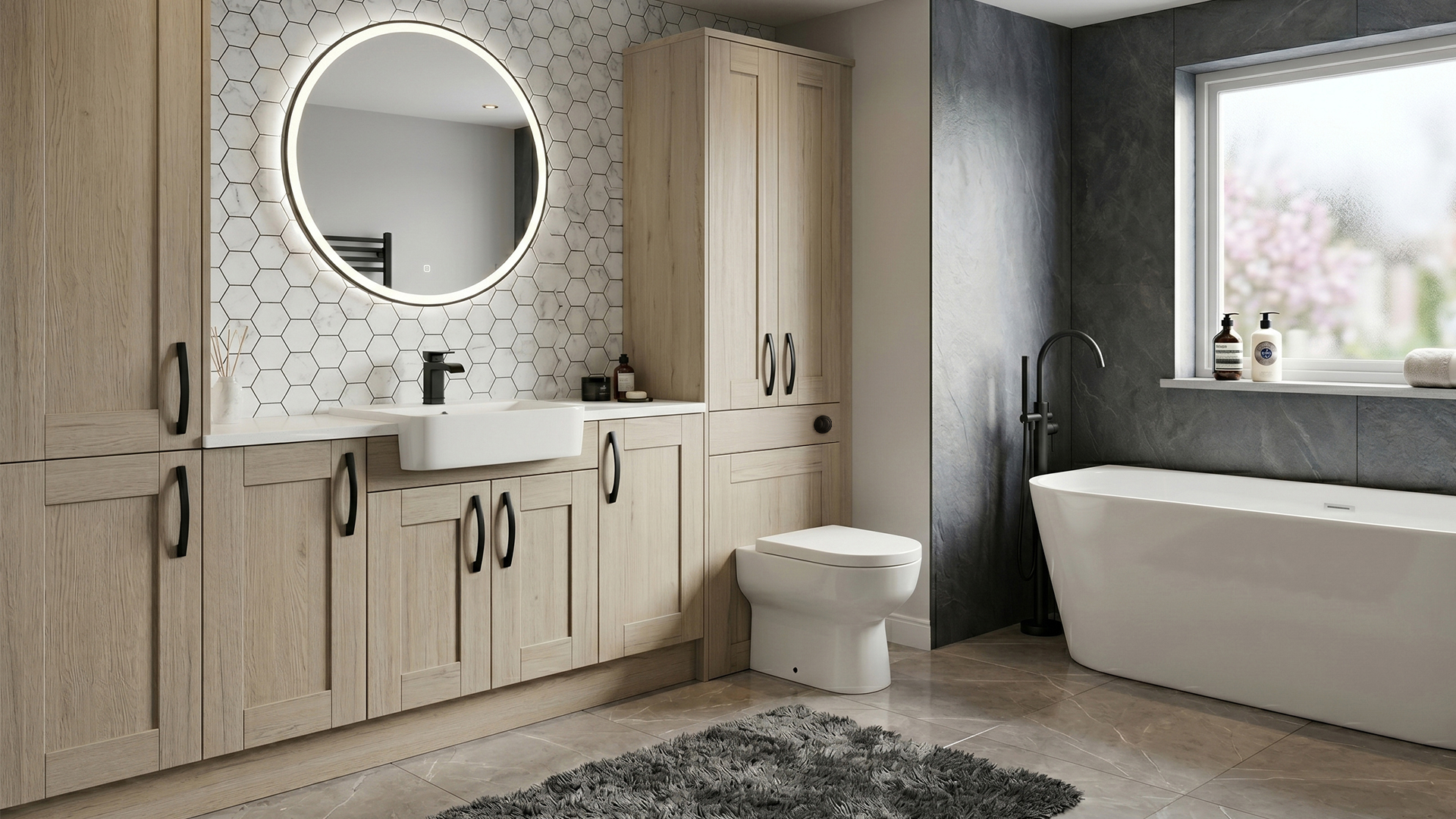 Meon slab bathroom furniture in Fjord finish with basin and toilet