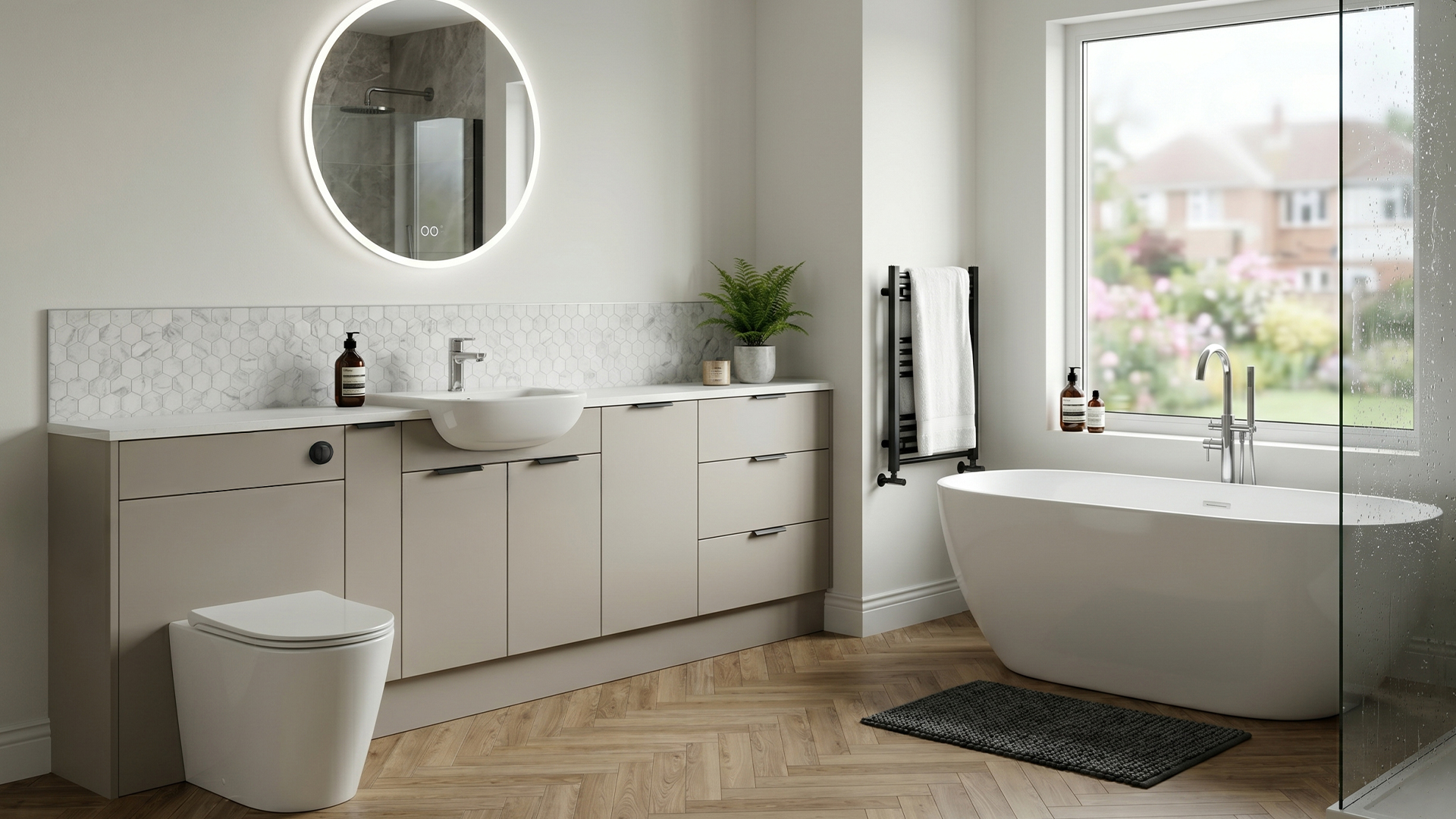 Meon green fitted bathroom furniture in real home