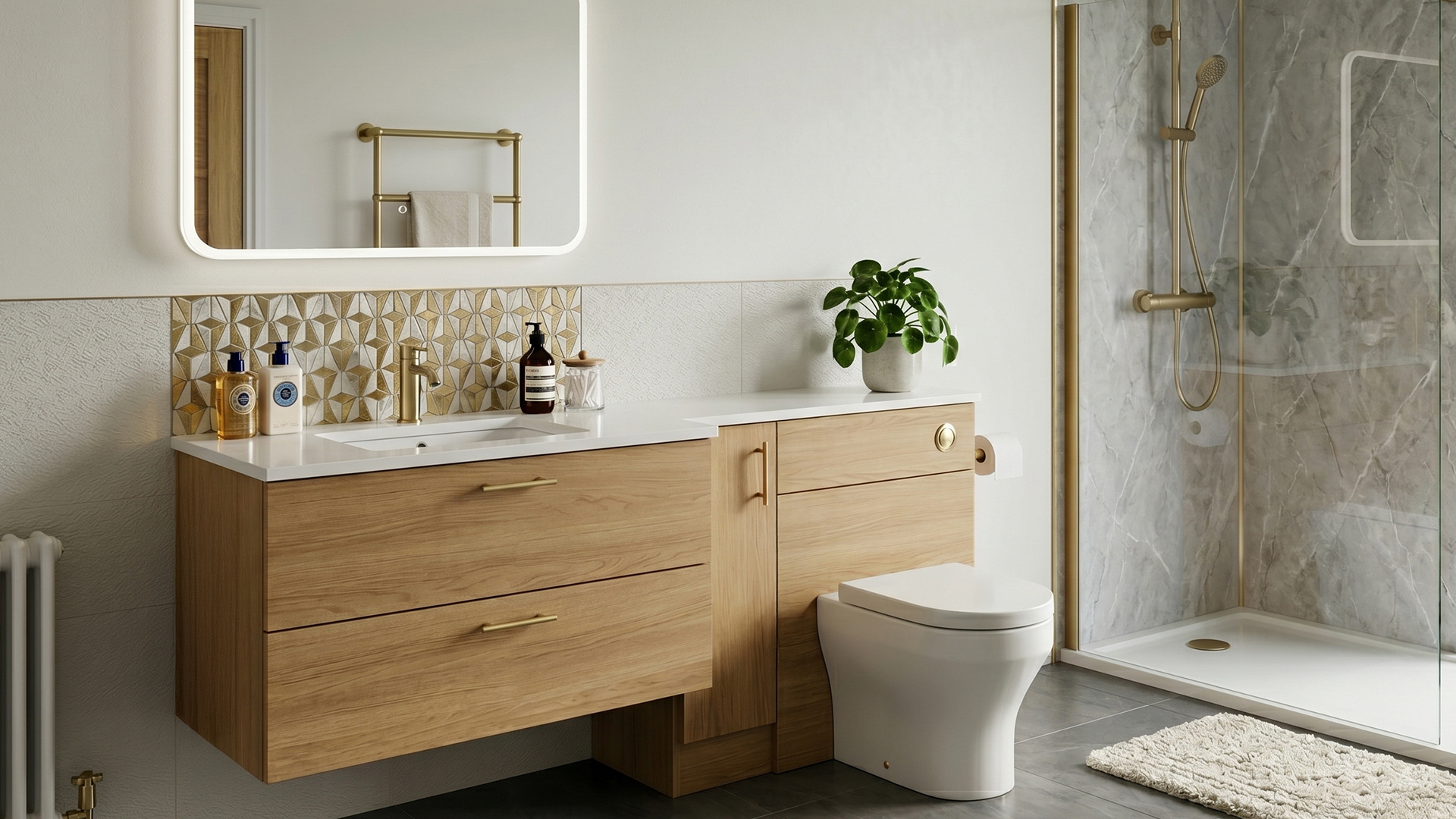 Meon navy bathroom furniture in real home